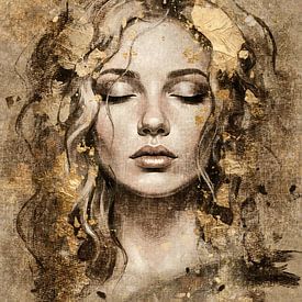 Beauty of gold - portrait of a woman with closed eyes - luxurious wall decoration in chic hotel style by Emiel de Lange