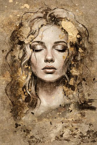 Schoonheid van goud - portret van vrouw met gesloten ogen - luxe wanddecoratie in hotel chique stijl