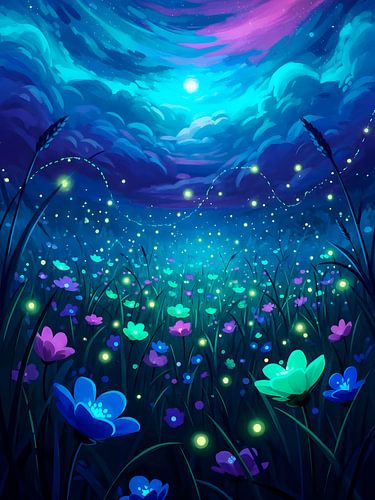 Magical Night Meadow with Glowing Flowers