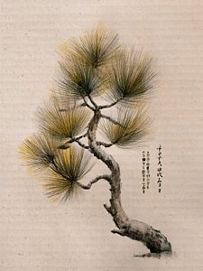 Eine ruhige japanische Kiefer mit traditioneller Kalligraphie