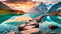 Lake with mountains and stone away