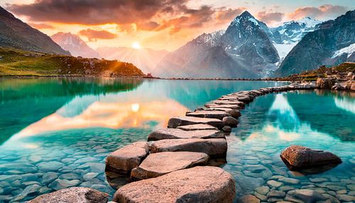 Meer met bergen en stenen weg