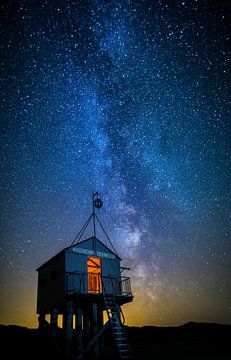 Little shipwreck shelter under a starry sky at the isle of Terschelling