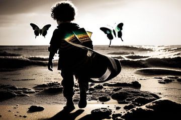 De jongen op het strand met zijn twee vlinders van ButterflyPix