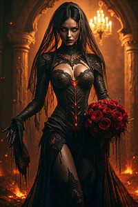 Dark Fantasy Wandbild: VANERIS - Die dämonische Braut mit Rosen im Feuerpalast