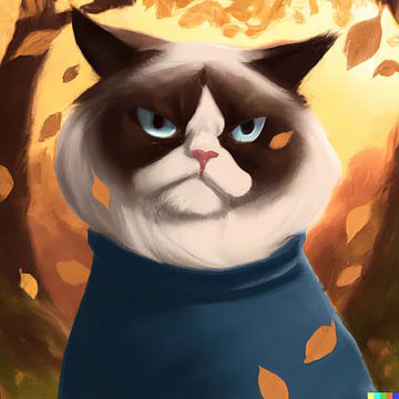 Porträt einer mürrischen Ragdoll-Katze mit Pullover im Herbstwald von Maud De Vries