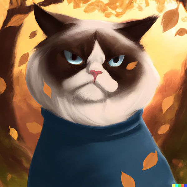 Portrait of a grumpy Ragdoll cat with sweater in autumn forest by Maud De Vries