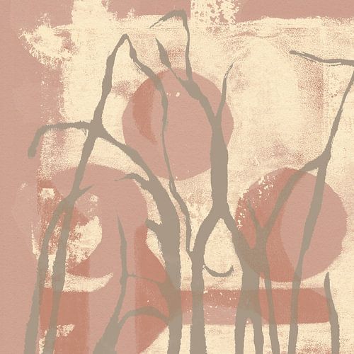 Moderne botanische kunst. Grassen in taupe, roze terra en licht crème.