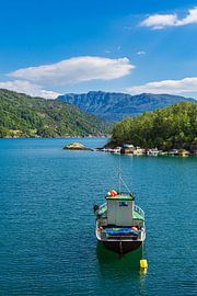 Vue sur le Åkrafjord avec un bateau de pêche en Norvège sur Rico Ködder