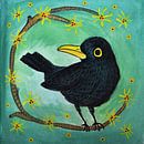 Merel met Toverhazelaar | Vrolijke Voorjaars Bloesem met zwarteVogel van Anita Letuve thumbnail