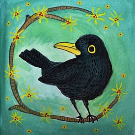 Amsel mit Zaubernuss | Fröhliche Frühlingsblüte mit schwarzem Vogel von Anita Letuve