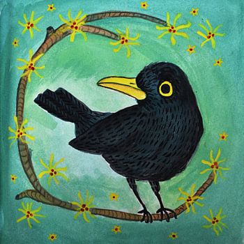 Blackbird with Witch Hazel | Cheerful Spring Blossom with Black Bird