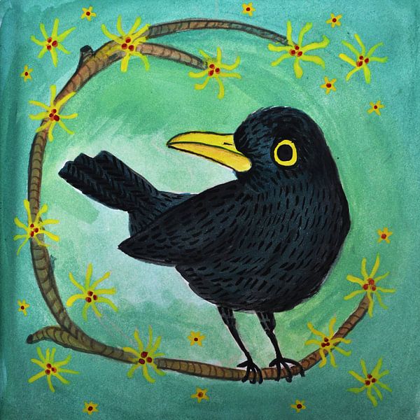 Merel met Toverhazelaar | Vrolijke Voorjaars Bloesem met zwarteVogel van Anita Letuve