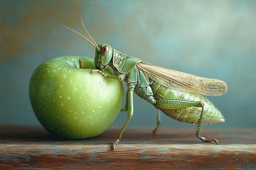 Sprinkhaan met groene appel (in de stijl van Henk Helmantel)