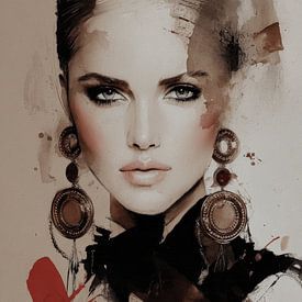Modern portret in aardetinten met rood accent van Carla Van Iersel