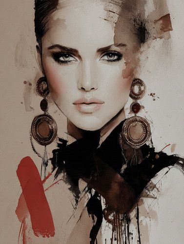 Modern portrait in earth tones with red accent by Carla Van Iersel