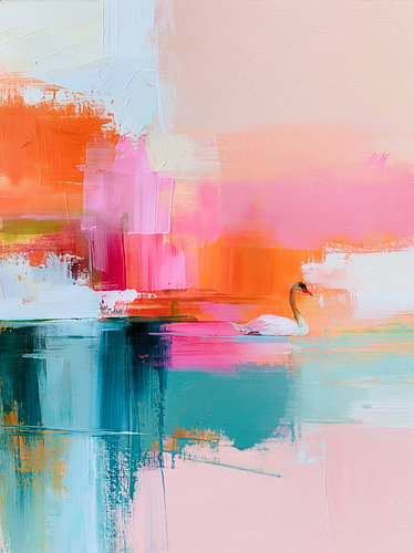 Abstracte zwaan op roze water bij zonsondergang