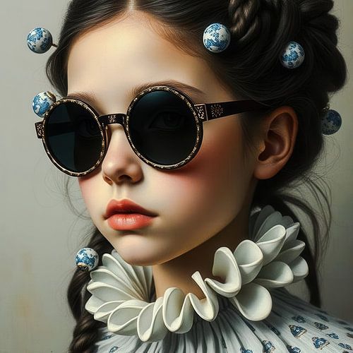 Een fine art portret van een jong meisje delft blauw modern stijl.