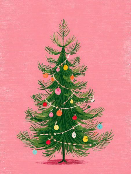 Cheerful illustration of a Christmas tree with colourful balls on bright pink background by But First Framing