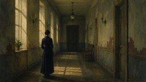 Woman in Abandoned Hallway — Atmospheric Gothic Realism Wall Art