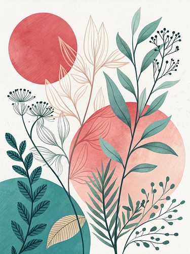 Abstracte botanische sereniteit: Groene bladeren en karmozijnrode, door de zon gekuste cirkels op een minimalistisch canvas