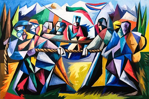 Kleurrijke abstracte touwtrekken scène