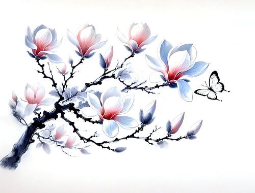 Magnolia met vlinder – Aziatische inktschildering