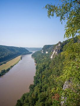 Uitzicht op de Elbe en de stad Wehlen vanaf het uitzichtspunt Tiedge (Bastei) van t.ART