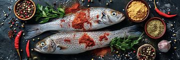 Fischen mit Kräutern und Gemüse als Panoramafoto von Digitale Schilderijen