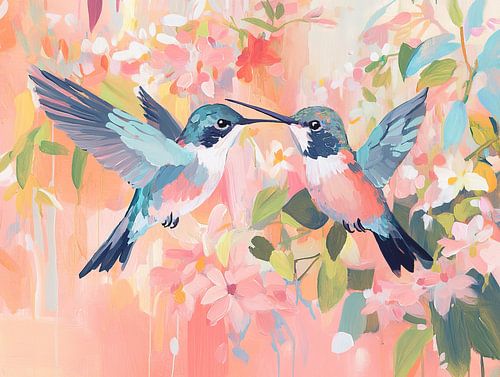 Hummingbirds | Two Hummingbirds in Garden by Eye catching paintings