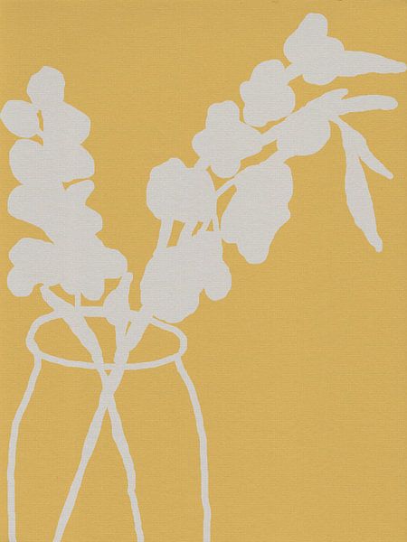 Gladiolen in Vase. Weiß auf Gelb. von Dina Dankers