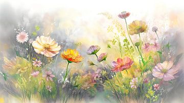Dromerig Schilderij van een bloementuin in pastel van Studio Pieternel