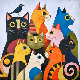 A gathering of cats with a bird by Jutta Maria Pusl
