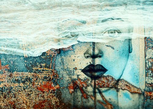 Damaged woman with scarf in blue and orange