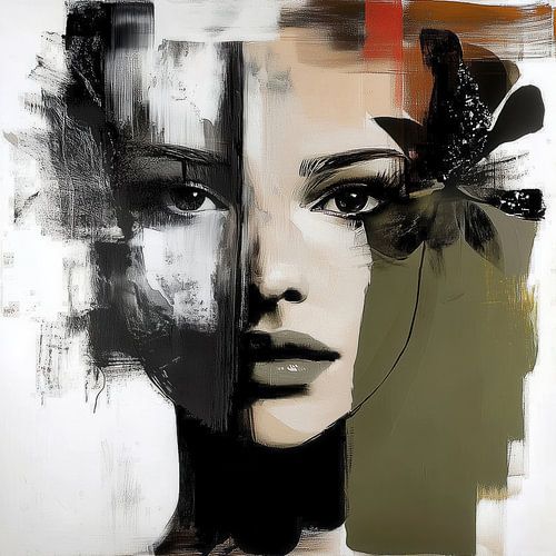 Couches cachées ; portrait d'une femme en noir et blanc en couches avec des zones de couleur en vert, rouge, orange et beige.