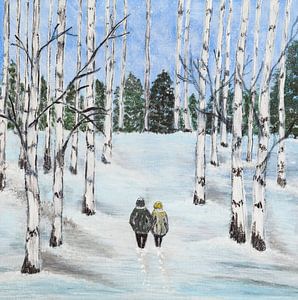 Promenade romantique dans la neige au bois de bouleaux sur Ilona Kumschliess