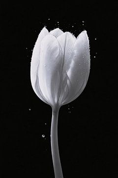 Tulipe blanche minimaliste avec gouttes d'eau sur De Muurdecoratie