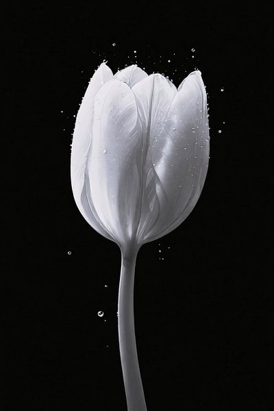 Minimalist white tulip with water drops by Art & Soul Creations