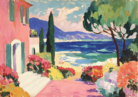 Mediterraan kustlandschap met een roze villa en bloemen van Niklas Maximilian