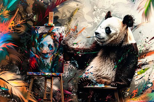 Panda schildert kleurrijk portret