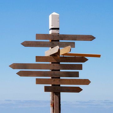 Wooden signposts with blue sky