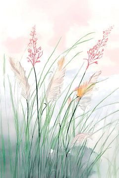 Serene landscape painting: Flowering Reed Plumes by Studio Pieternel