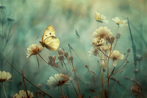 Gele Vlinder in Bloemenveld - Sereen Kunstwerk