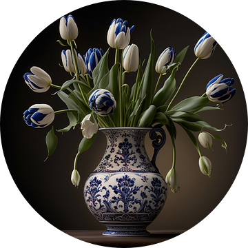 Delftsblauwe vaas met tulpen van Rene Ladenius Digital Art
