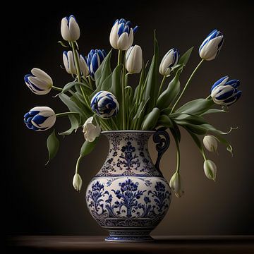 Vase bleu Delft avec tulipes sur Rene Ladenius Digital Art