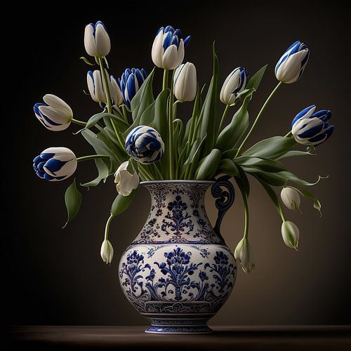 Vase bleu Delft avec tulipes