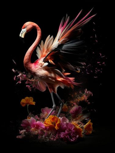 Flamingo in an Explosion of Flowers and Colours