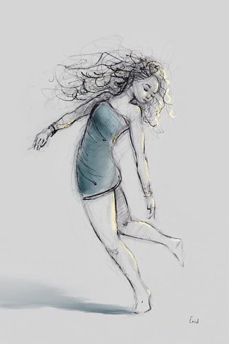Tekening danseres in grijs en blauw