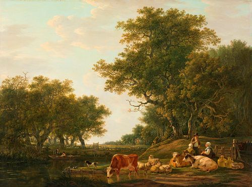 Landschap met boeren met hun vee en vissers op het water, Jacob van Strij