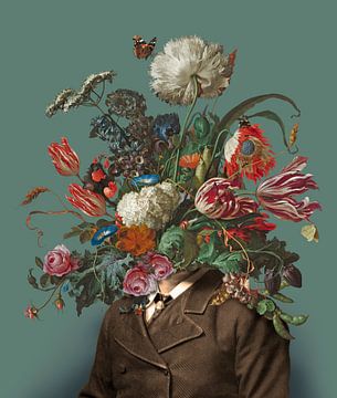 Portrait of a man with a bouquet of flowers (green-grey / rectangular)